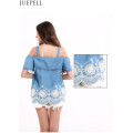 Women Stitching Lace Flounced Hem Embroidered Strapless Tops Wavy Harness Loose Fashion Shirt Blouse